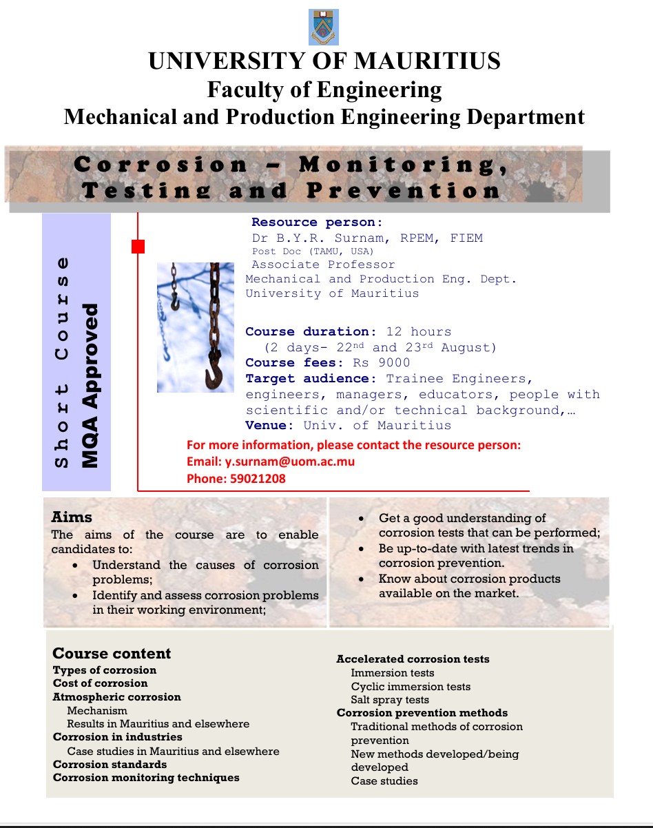 Short Course: Corrosion – Monitoring, Testing and Prevention